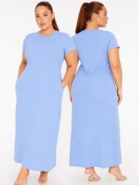 NEW Effortless Ribbed Maxi Dress Light Blue Long Stretch Dress Plus Size 1XL